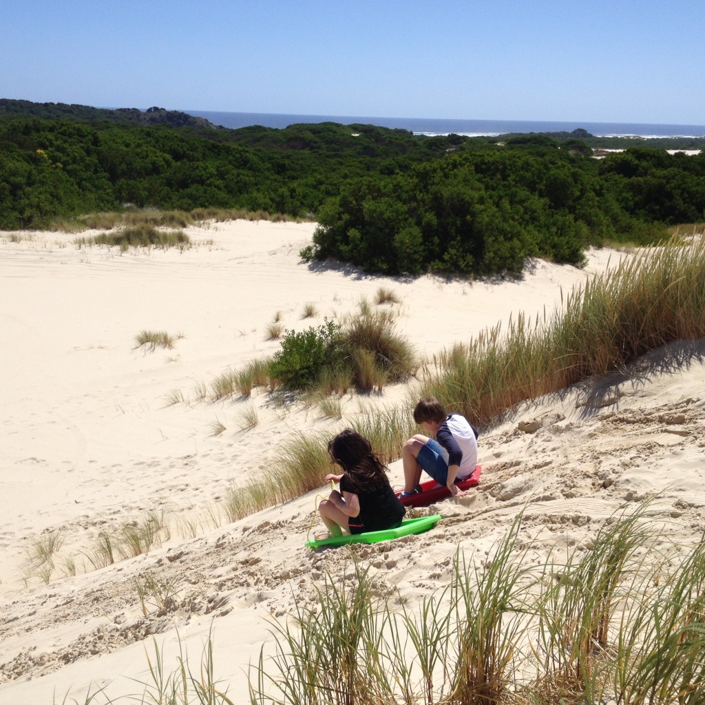 How much fun is this? sand tobogganing at the Henty sand-dunes.